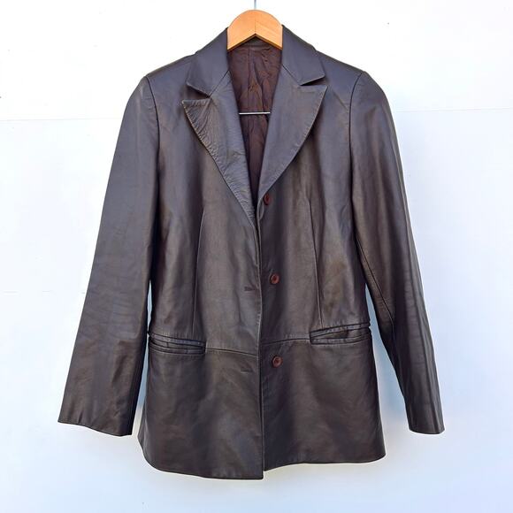 Vintage 90s Y2K Italian Leather Blazer Jacket Chocolate Brown 42 Size 8 Tailored - Picture 2 of 11